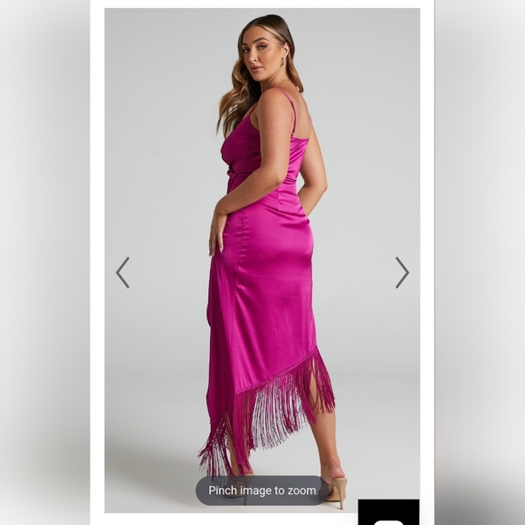 RHOLIE PLUNGE NECK FRINGE HEM FIXED WRAP MIDI DRESS IN PINK - Picture 4 of 11